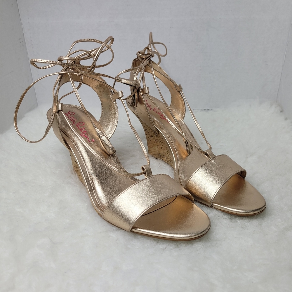 Lilly Pulitzer Aria Cork Wedge Gold Leather Sandal Lace Up Tassel Shoes Size 8
